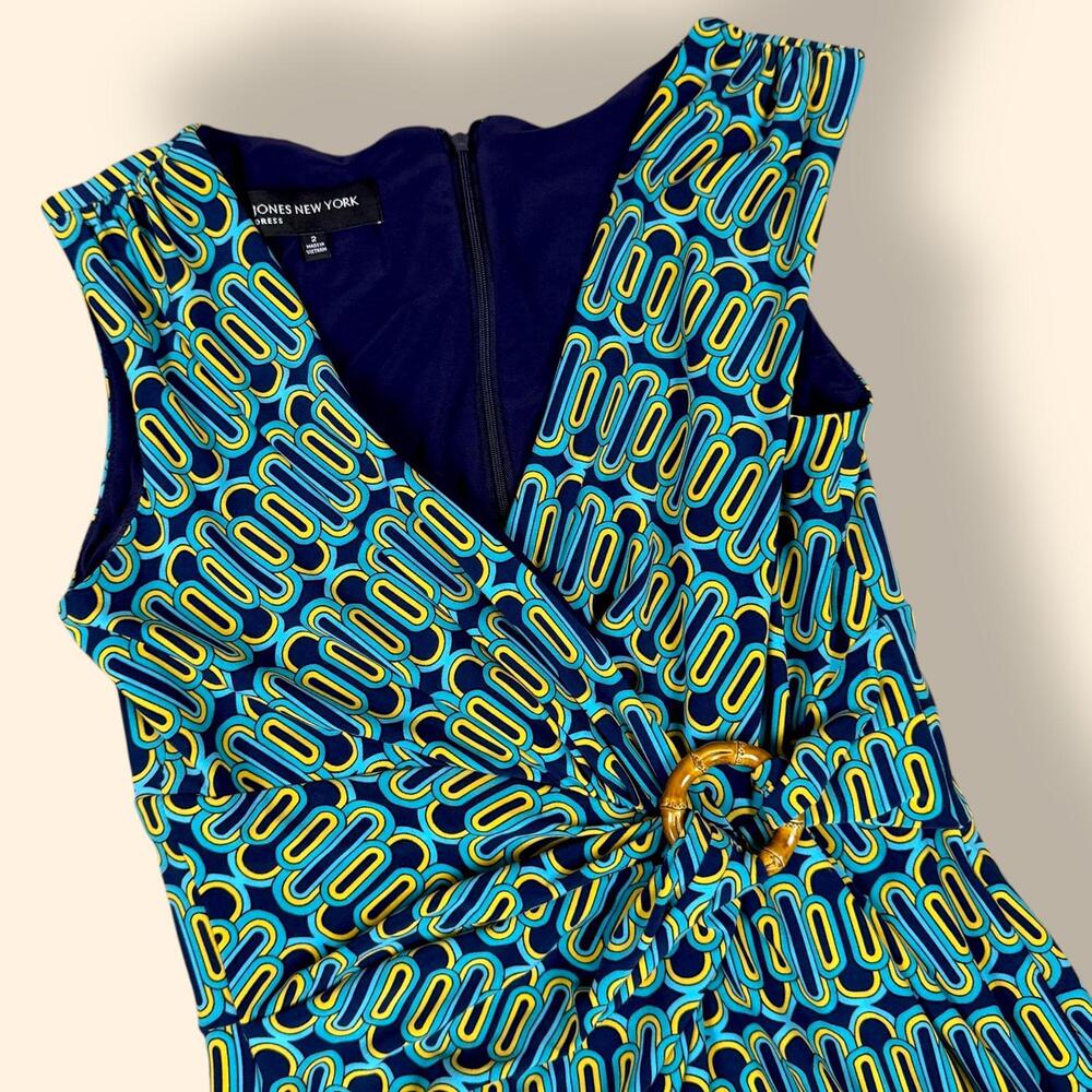 Women's Vintage Y2K Jones New York Blue Retro Print Dress with Bamboo Detail 2
